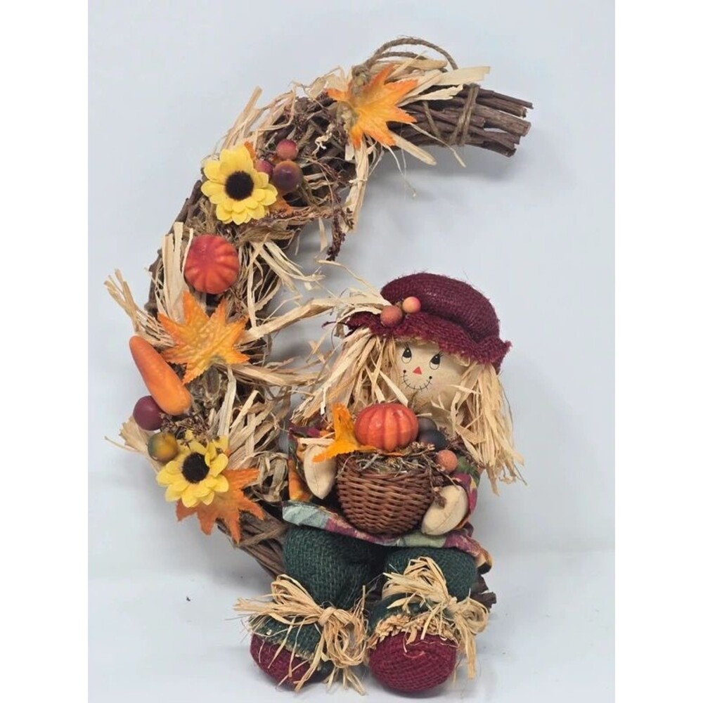 Autumn Crescent Moon Scarecrow Wreath – Rustic Harvest Door Hanging